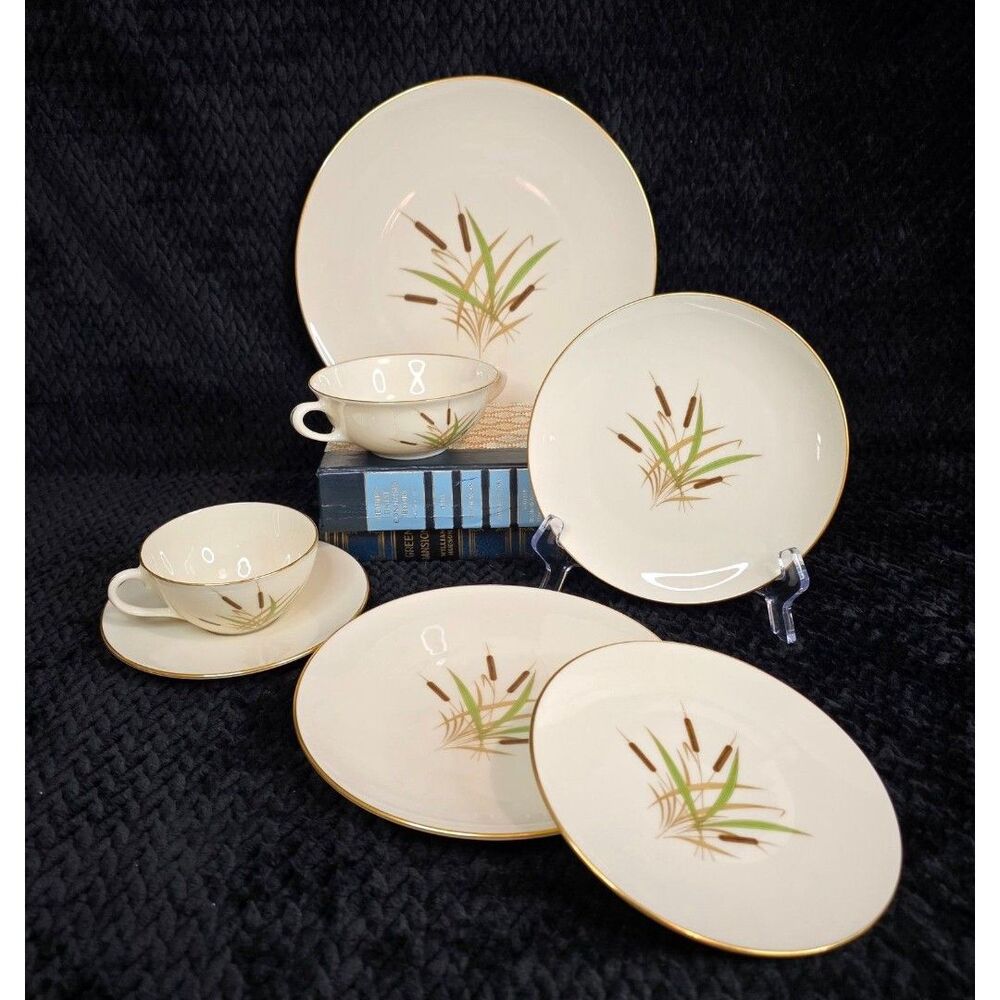 VTG Lenox Cattail China 6 PC Place Setting – Mid-Century Gold Rim Dinnerware